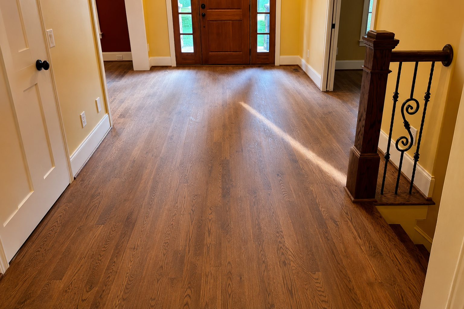 Apex hardwood floor foyer before screen and recoat