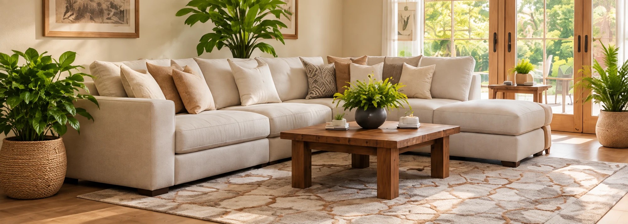 A cleaner home awaits: bright living room with a clean sofa and area rug