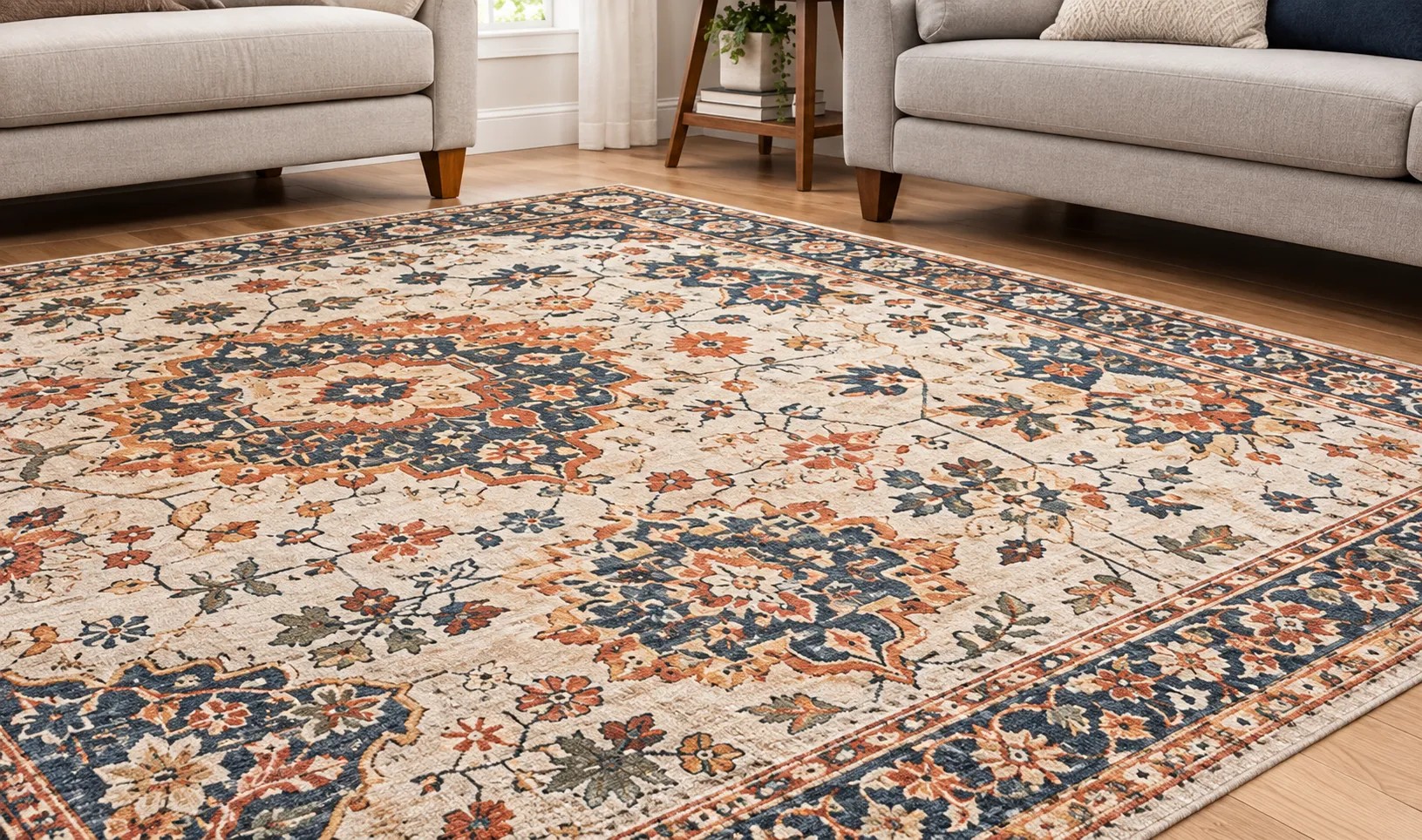 Patterned area rug on hardwood floor in front of a living room sofa