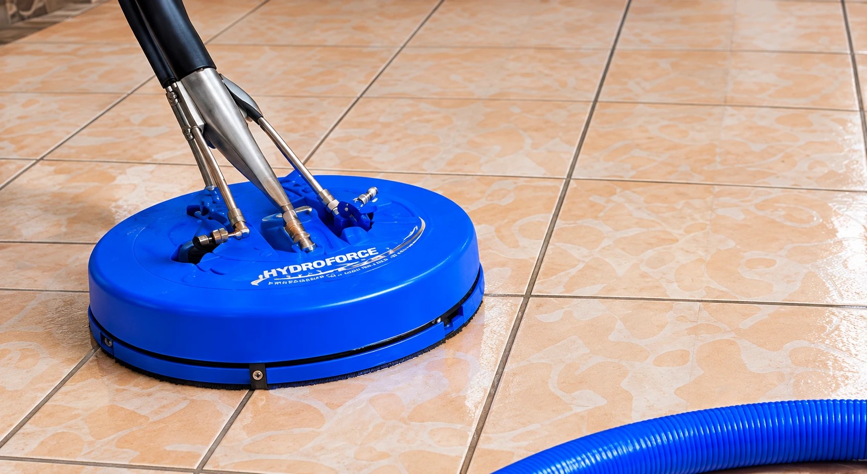 Rotary tile and grout cleaning tool on a tile floor with hose