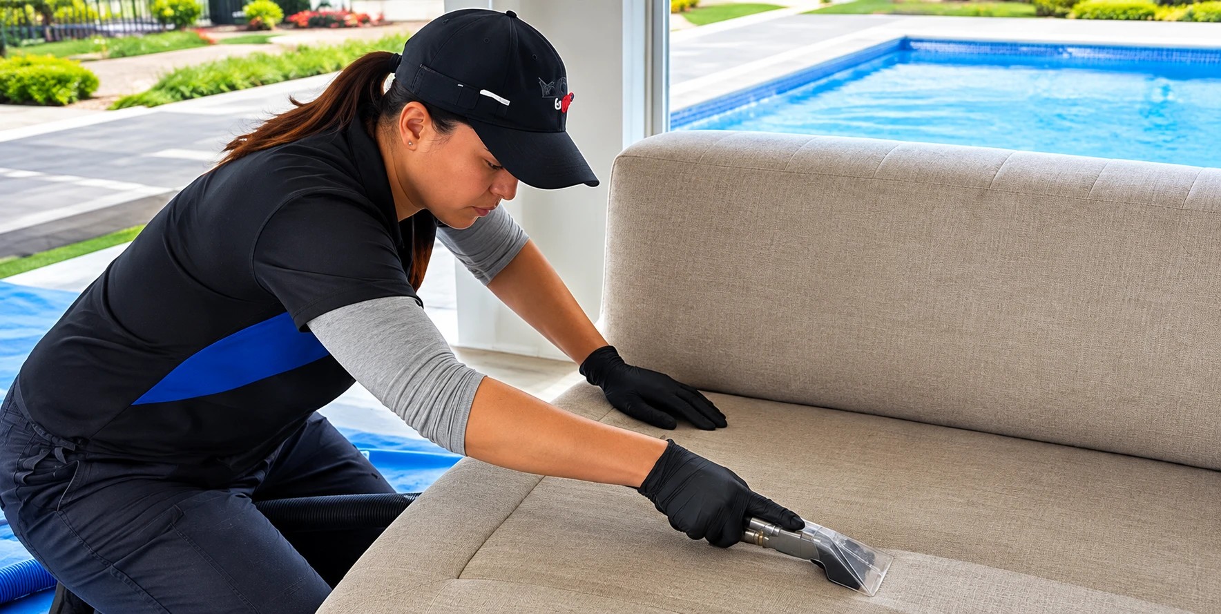 Technician deep cleaning an upholstered sofa cushion poolside