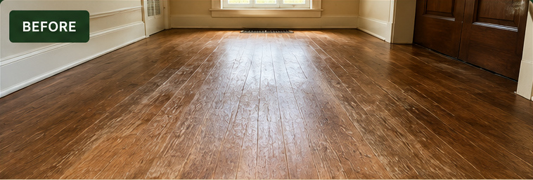 Worn hardwood floor before a screen and recoat