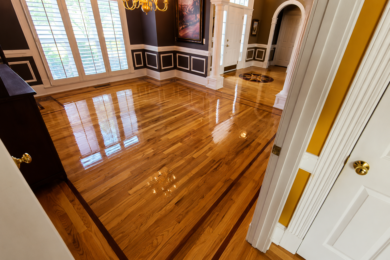 Freshly refinished hardwood floor in an elegant formal dining room
