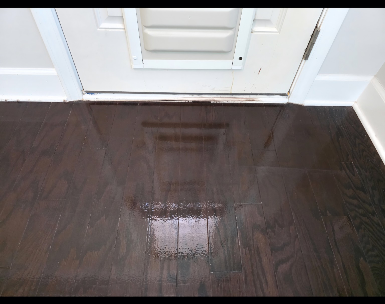 Same dark hardwood floor near doorway after color correction and polyurethane