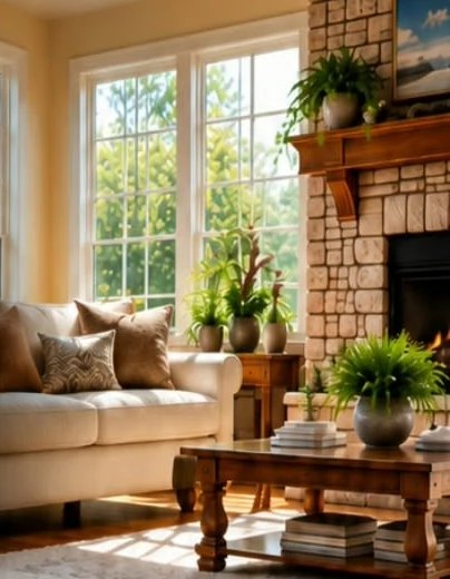 Bright living room with restored hardwood floors and a stone fireplace