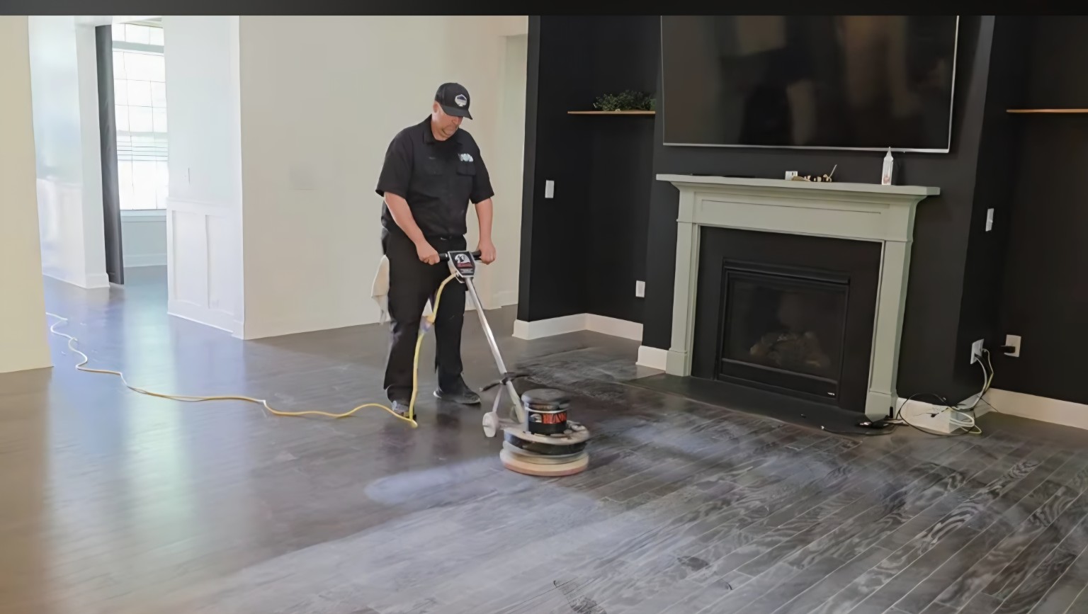 Screening a hardwood floor with a professional floor buffer